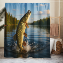 Northern Pike Leaping Shower Curtain – Fishing Cabin &amp; Lake House Bathro... - $837.85 MXN