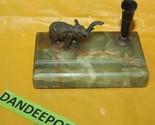 Vintage Green Marble Base Cast Metal Elephant Desktop Fountain Pen Holder  - $89.09