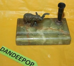 Vintage Green Marble Base Cast Metal Elephant Desktop Fountain Pen Holder  - £69.98 GBP
