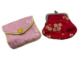 Vintage Red Pink Asian Silk Jewelry Pouch Bag Purple Floral Makeup Change Womans - £11.19 GBP