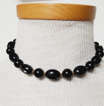 Vintage Black Oval Carved GROOVED Beads &amp; Bronze Tone Bead Chocker Necklace - £6.21 GBP