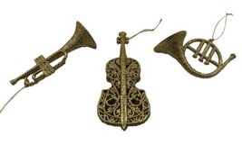 Christmas Tree Ornament Musical Instruments Lot 3 Gold Glitter Vintage Holiday - £14.71 GBP