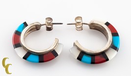 .925 Sterling Silver Coral/ Mother Of Pearl/Turquoise Half Crescent Earrings - £54.46 GBP