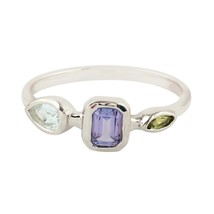 Sterling Silver 925 Multi Gemstone Stack Ring With Tanzanite 5x4 Octagon White  - £47.95 GBP