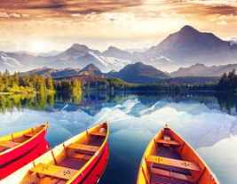 24&quot;x18&quot; premium glossy print view of autumn lake boats mountain nature adventure - £22.19 GBP