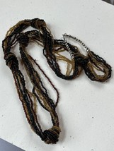 Long Black Bronze &amp; Yellow Tiny Plastic Bead w Knots Necklace – 34 inches long x - £10.22 GBP