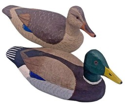 Carved Wood Duck Mallard Green Head Drake Hen Pair Quarter Size  Art Ron Kennedy - £71.21 GBP