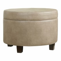 Round Transitional Wood And Faux Leather Storage Ottoman In Brown - £180.72 GBP