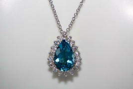 14K White Gold Deep Blue Topaz Diamond Halo Teardrop Pendant on Rolo Chain 18&quot; - £866.28 GBP