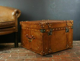 Nautical Leather Brass English Tan Leather Handmade Bespoke Coffee Table... - $691.05