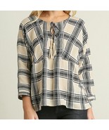 New Umgee Cream Plaid Tassel Tie Peasant Top Boutique Gray Black Crochet... - $27.34 CAD