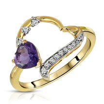 14K Solid Gold Ring With Natural Diamonds &amp; Heart Purple Amethyst - £825.41 GBP