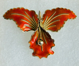 Floral Brooch / Pin Vintage Jewelry 925S Sterling &amp; Orange Enamel Flower - £98.92 GBP