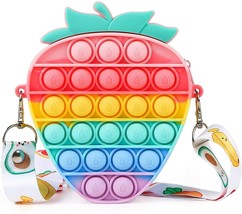 Rainbow Strawberry Bag w Shoulder Strap Pop Fidget Toy  Simple Dimple Pop Bag - £12.05 GBP