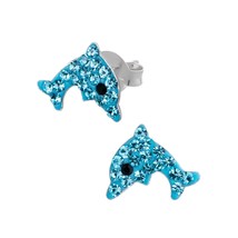 Dolphin 925 Silver Stud Earrings with Aqua Crystals - £11.19 GBP