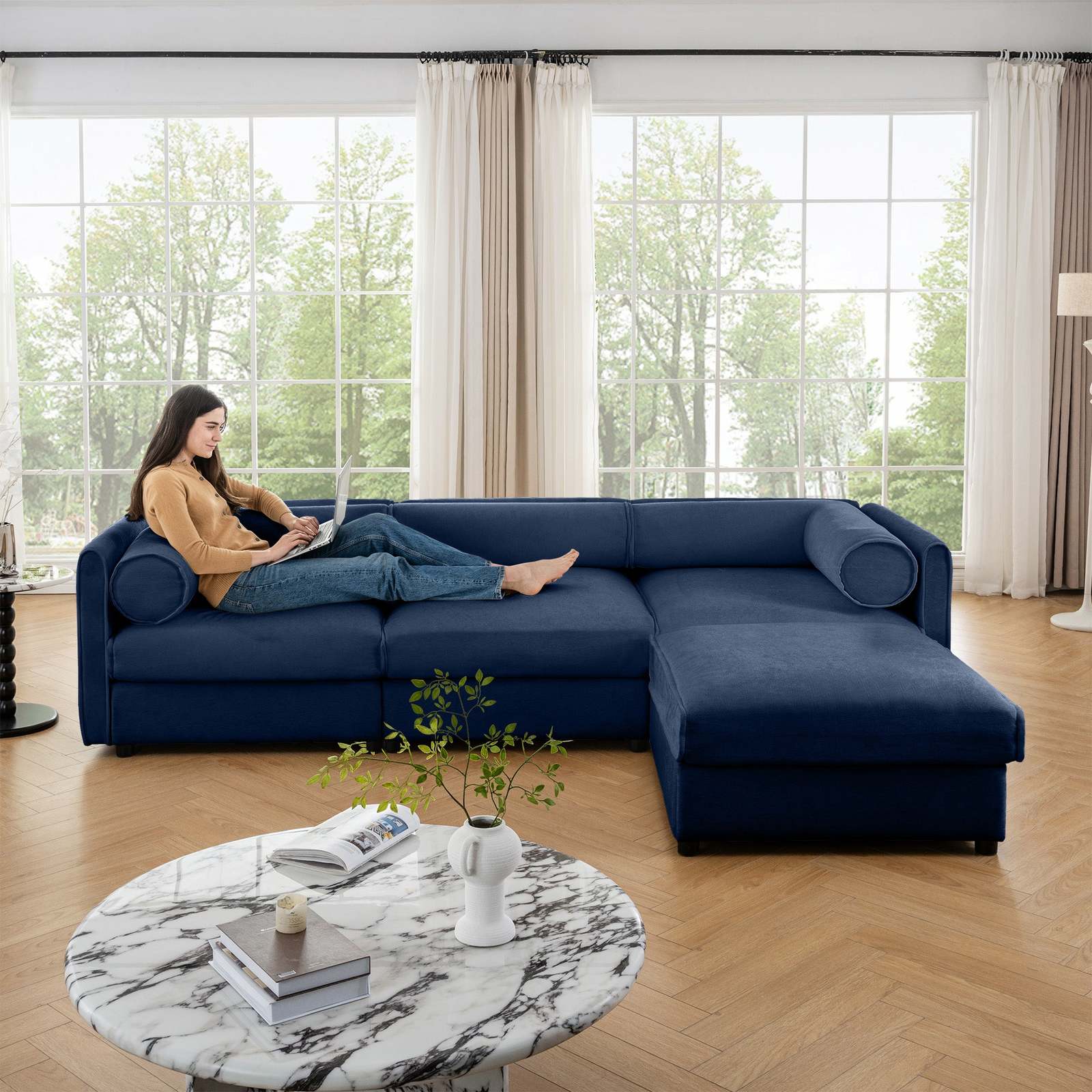 Elegant Blue Chenille L-Shaped Sofa with Storage Ottoman Item image 2