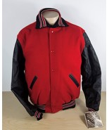 Varsity Letterman Jacket in Red Wool &amp; Genuine Black Leather Sleeves New - £60.73 GBP