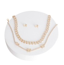 2PCs Gold Plated Iced Square Link Rhinestone Butterfly Tennis Chain Necklace Set - £45.57 GBP