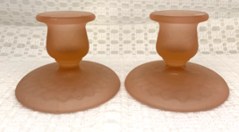 Vtg Pair Satin Pink Frosted Depression Oval Glass Candlestick Holders Feather - £22.73 GBP