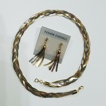 Vintage Tri-Colored Braided Herringbone Necklace And Earrings Set - $21.99
