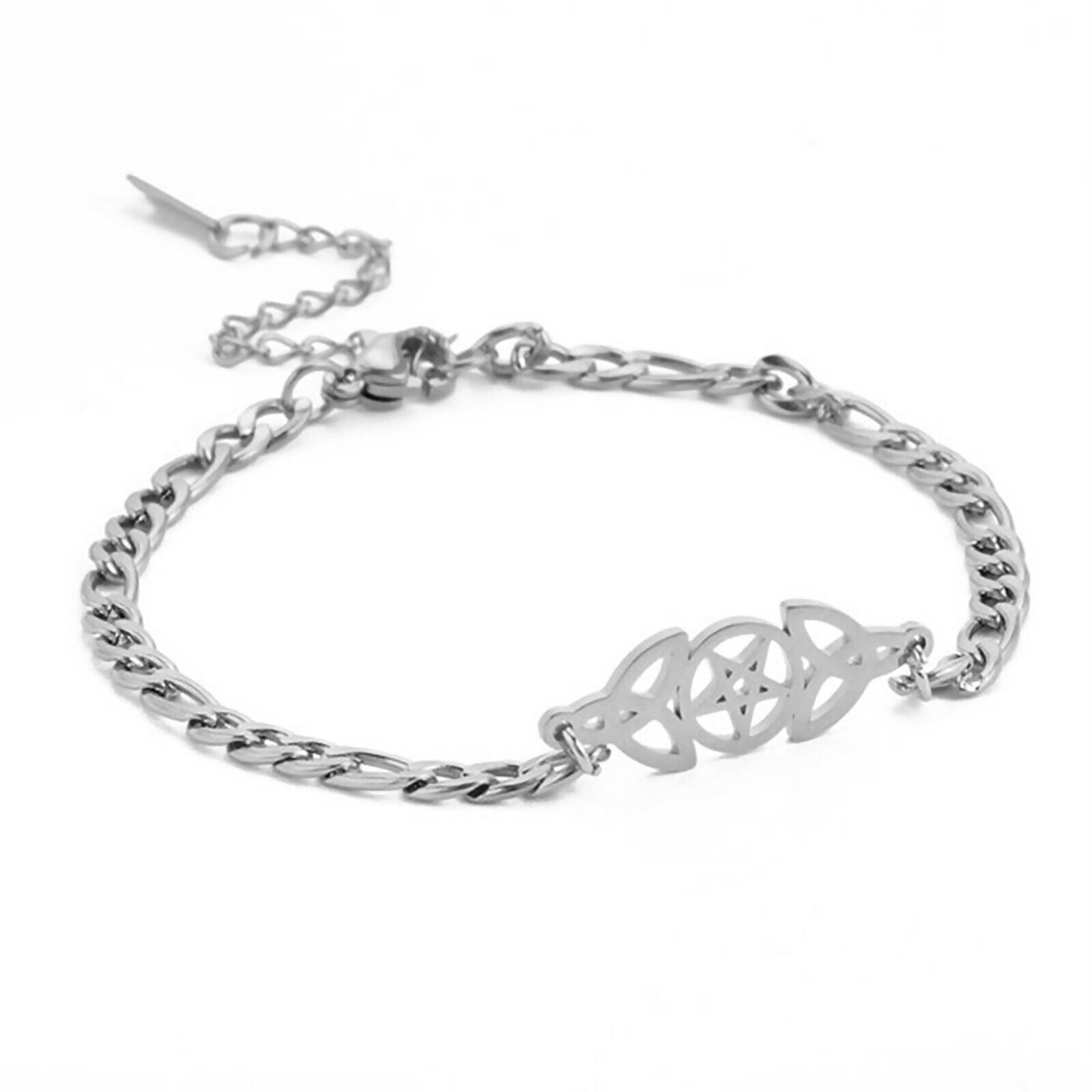 Triple Goddess Bracelet Silver Stainless Steel Pentacle Trinity Charm Bangle - $16.99
