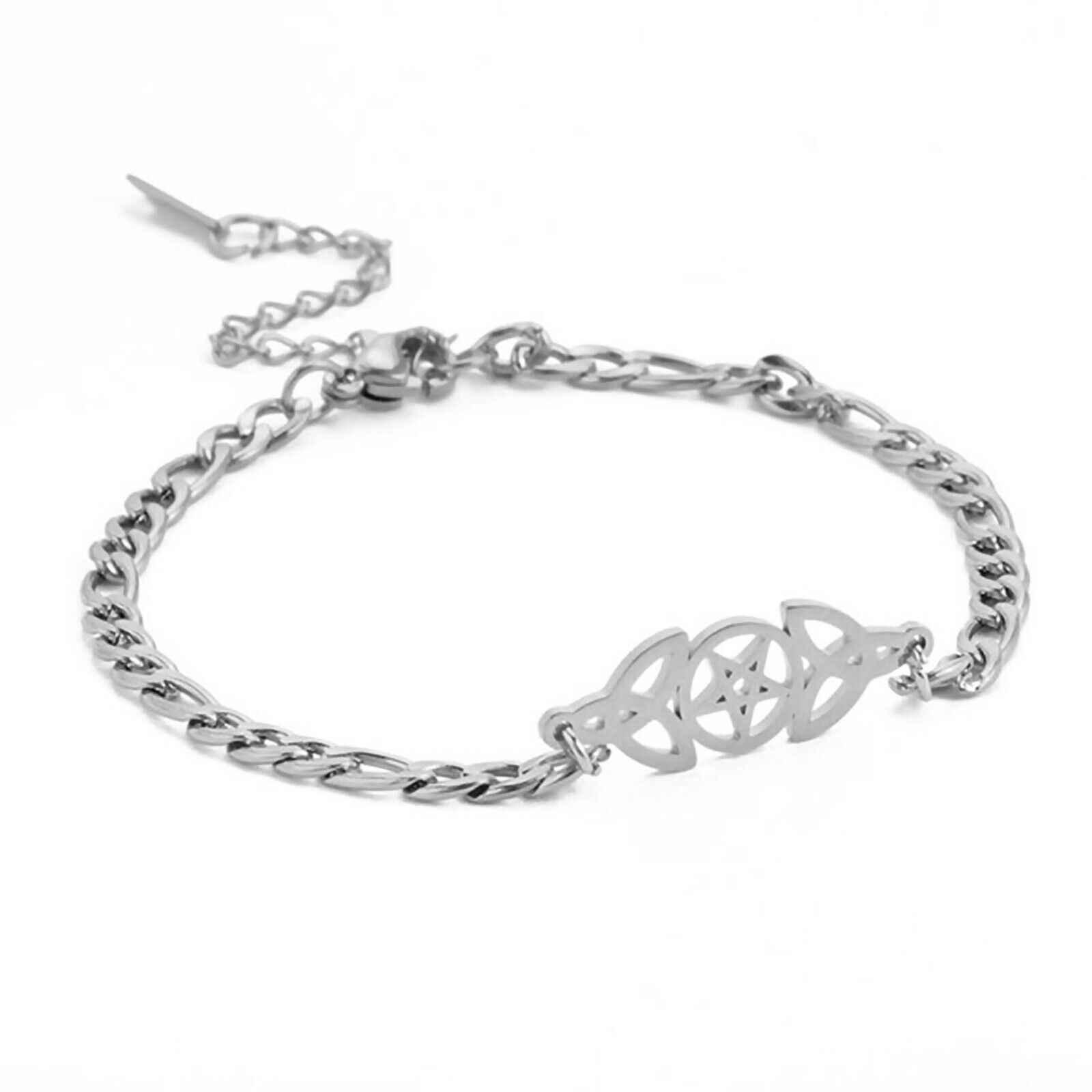 Triple Goddess Bracelet Silver Stainless Steel Pentacle Trinity Charm Bangle - £13.56 GBP