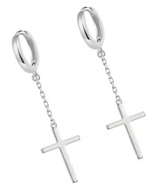 Simple Cross Dangle Hoop Earrings 925 Sterling Silver Tassel - $47.83