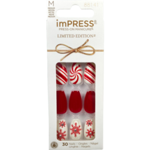 NEW Kiss Nails Impress Press On Manicure Medium Coffin Red Christmas Candy Snow - £13.49 GBP