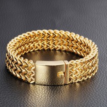 Gold Plated Stainless Steel Bracelet Men 18MM Double Row Franco Curb Chain Men&#39;s - £30.57 GBP