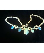 Hand Made,Faux Pearl and Acrylic Beads with Opalescent Faceted Pendant N... - £7.60 GBP