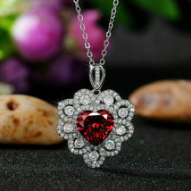 3.5Ct Heart Cut CZ Red Garnet Halo Pendant 14K White Gold Plated Free Chain - £133.16 GBP