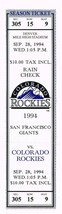 1994 Giants @ Rockies Full Unused Phantom Ticket Sept 28th Strike Year - $10.03