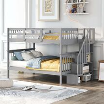 Gray Stairway Full-Over-Full Bunk Bed w/ Storage, Guard Rail for Bedroom - $856.99