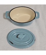 VTG Blue Enamel Cast Iron Mini Cocotte Dutch Oven + Lid Leaf Handle 6.25... - $172.91 CAD