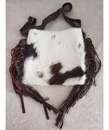 Boho Chic Cowhide Fringe Crossbody Bag Western Brown &amp; White Snap - $109.41 CAD