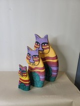 Set of 3 Laurel Burch Style Cats Wood Hand Painted Indonesia A - $19.80