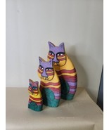 Set of 3 Laurel Burch Style Cats Wood Hand Painted Indonesia A - $19.80