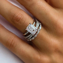 3pc Emerald Cut Simulated Diamond Wedding Bridal Ring Set 925 Sterling Silver - £66.23 GBP