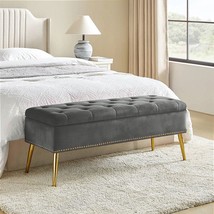 Mid-Century Modern End of Bed Storage Bench with Gray Velvet Seat and Gold Legs - $306.99