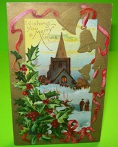 Vintage Christmas Postcard Antique Embossed Church Holly Bells Original AMP Co - £12.73 GBP