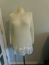ENTRO Crochet White Long Sleeve Scoop Neck Lace Ruffle Trim Hem Cover Up... - £23.94 GBP