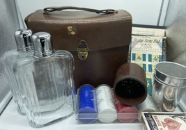 Vintage Travel Bar Leather Case Shot Glass Liquor Decanter Poker Chips Cards Cup - $35.06