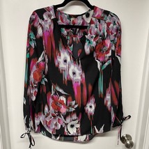 Milano V Neck Floral Patterned Blouse Womens Size Small Tie Sleeve Key Hole - £10.95 GBP