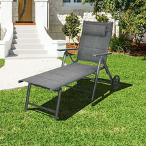 Patio Reclining Chaise Lounge with Adjust Neck Pillow-Gray - £157.02 GBP