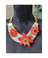 Women&#39;s Coral Floral Necklace and Earring Set with Gold Chain and Flower... - $76.41 CAD