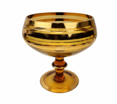 Vintage Footed Glass Compote Bowl Amber &amp;  Gold Overlay Bands Made in Romania - $20.99