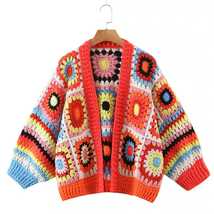 Women Bohemia Colored Geometric Plaid Flower Hand Crochet V Neck Long Lantern Sl - £47.30 GBP+