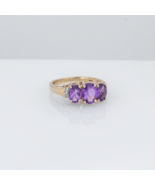 14K Gold 3 Stone Purple Amethyst &amp; Real Natural Diamond Ring Anniversary... - $410.29 CAD