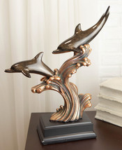 Ebros Nautical 2 Dolphins Surfing Ocean Waves Electroplated Bronze Resin... - $91.99