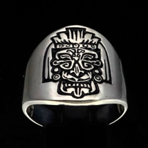 Sterling silver Maya Aztec symbol ring Mask hieroglyph ancient Mexico with Black - £58.73 GBP